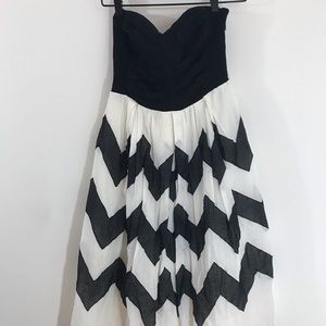 Black and white strapless chevron party dress